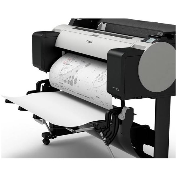 Canon TM-300 printing a technical drawing into an upright basket